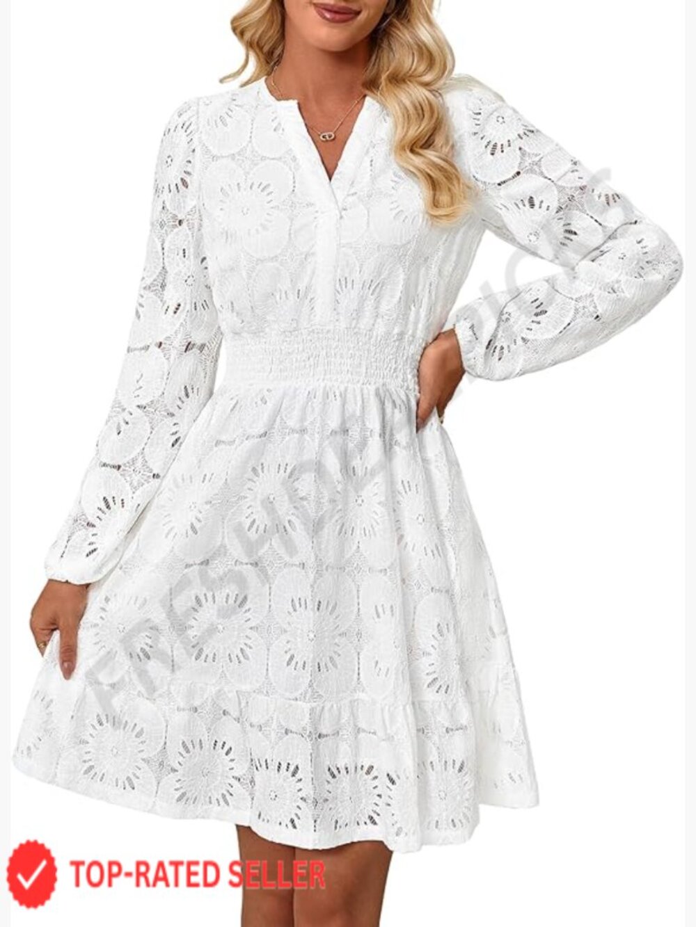 Puff Sleeve Floral Mini Dress Vintage Elegant Lace Eyelet Embroidered A-Line - Picture 1 of 7